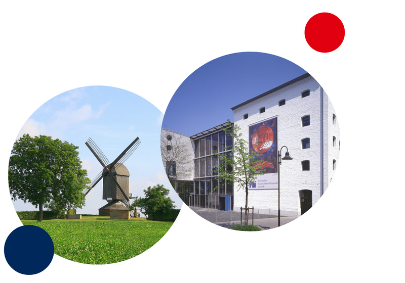 Fotos der Mühle in Titz und des Glasmalereimuseums in Linnich